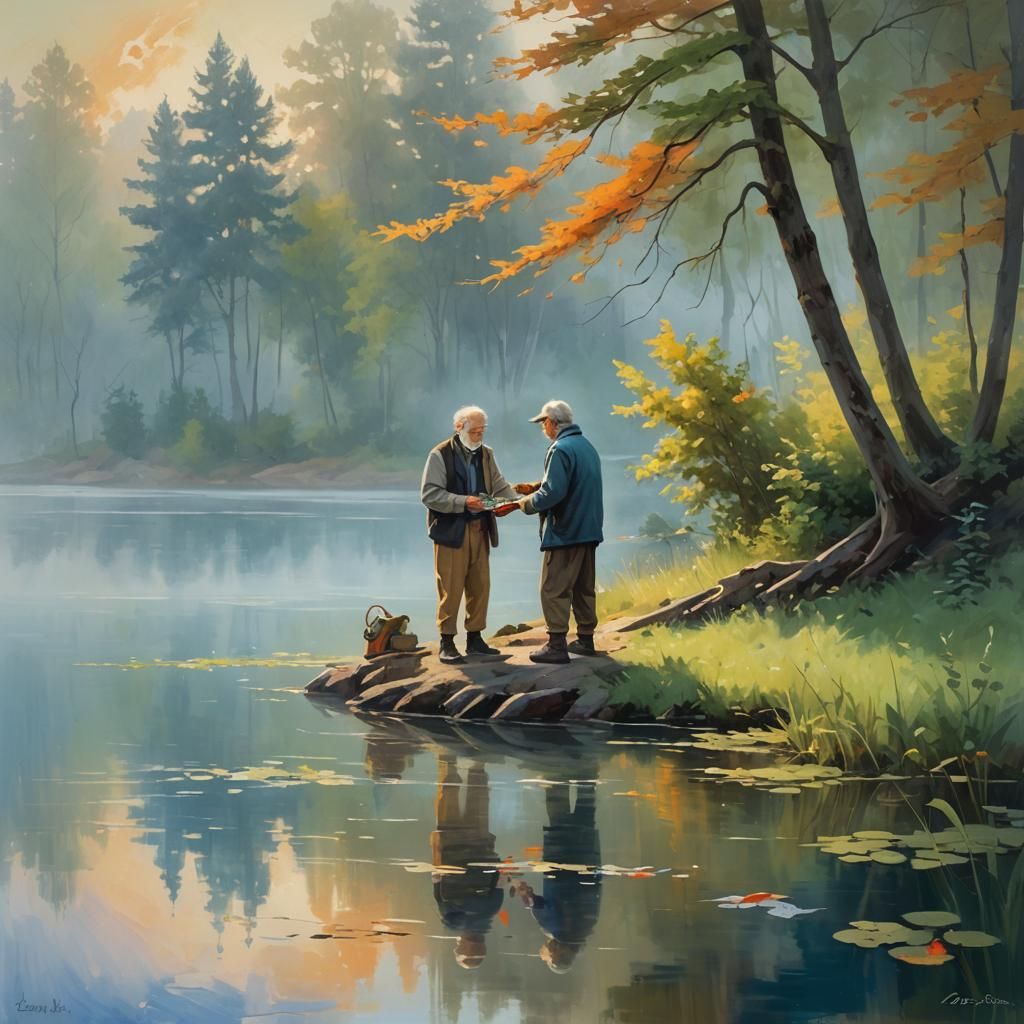 Misty Lake Fishing Lesson as Impressionist Oil Painting