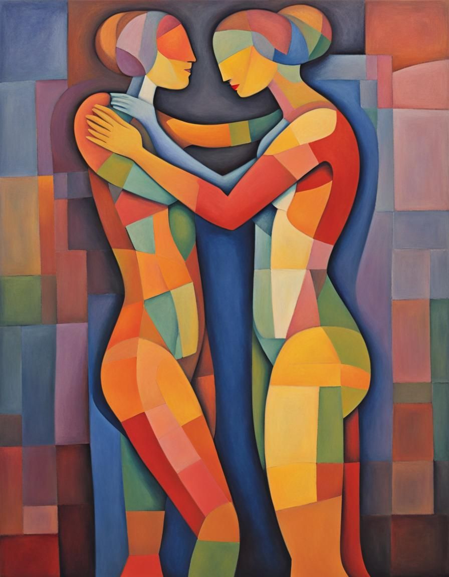 abstract expressionist oil painting of two female figures en...