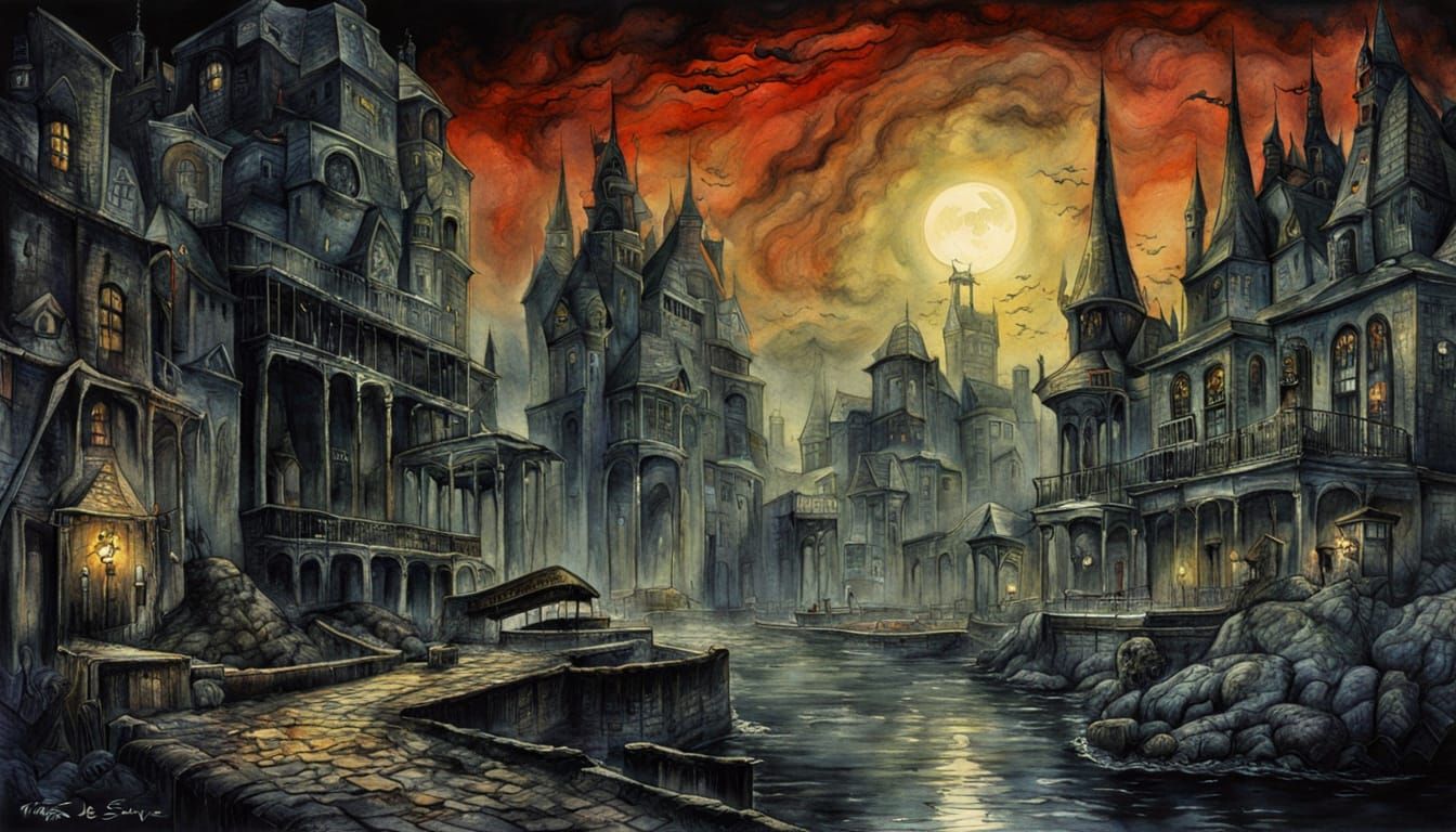 Sentinel, Vivid, Nightscape, Watercolors, Horror Art, Peter de Sève, deep color, HDR, H.R. Giger   by @Ed Evans