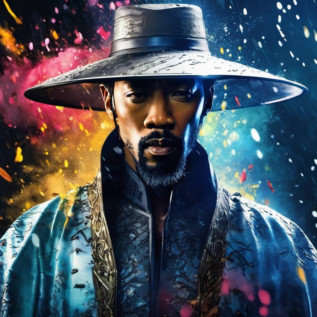 RZA AS LORD RAIDEN IN A PAINT SPLASH BACKGROUND.