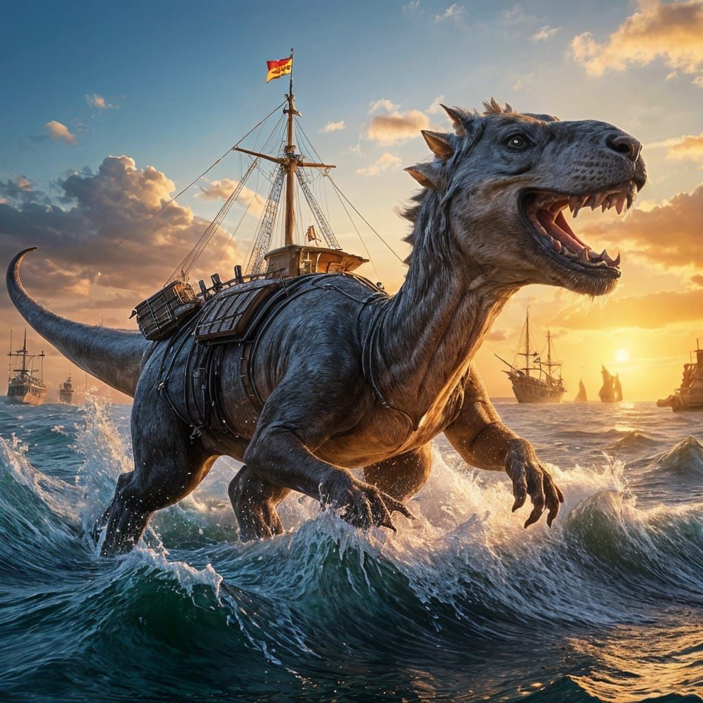 Ancient Dinosaur Ship with Sails
