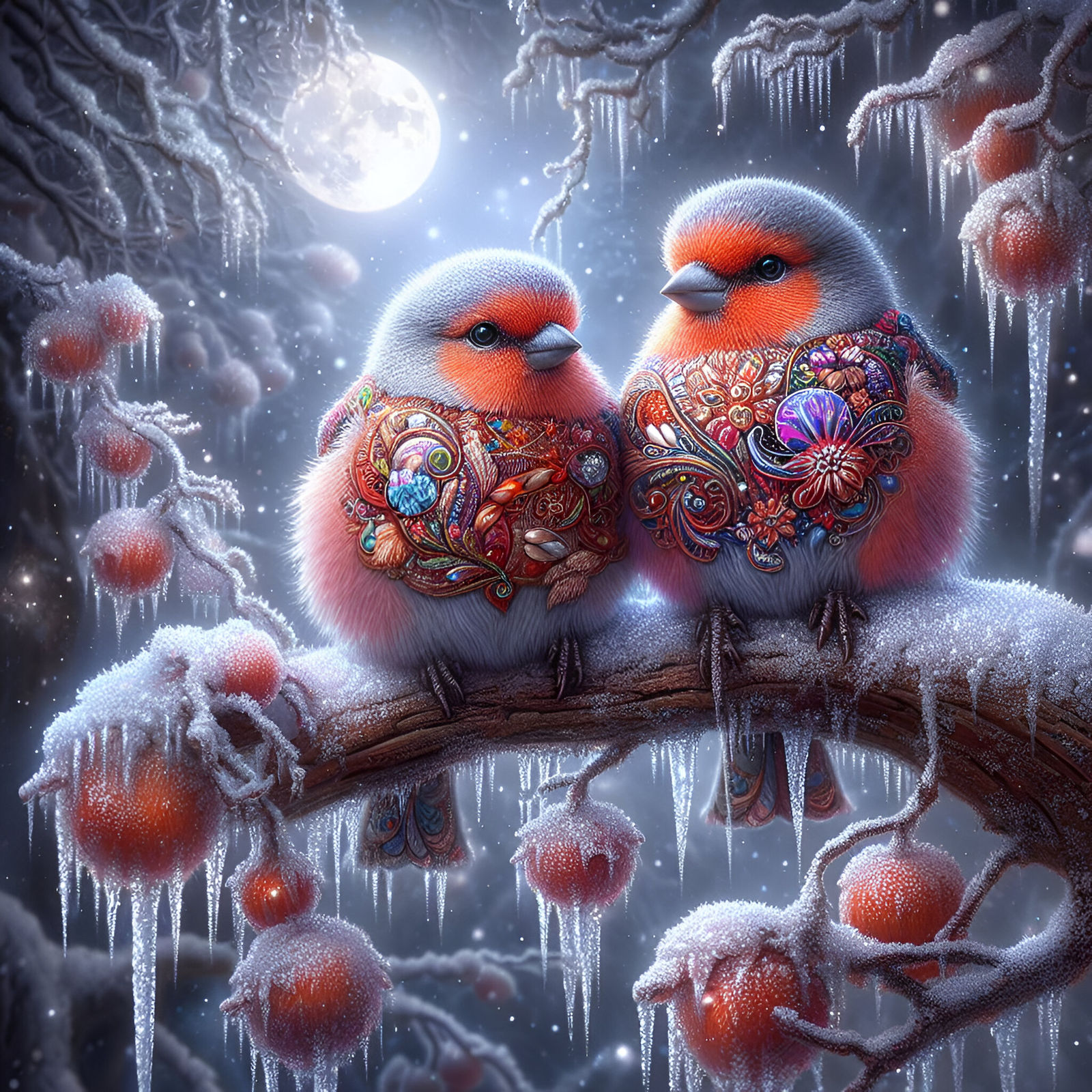 A pair of fluffy orange Rosefinches