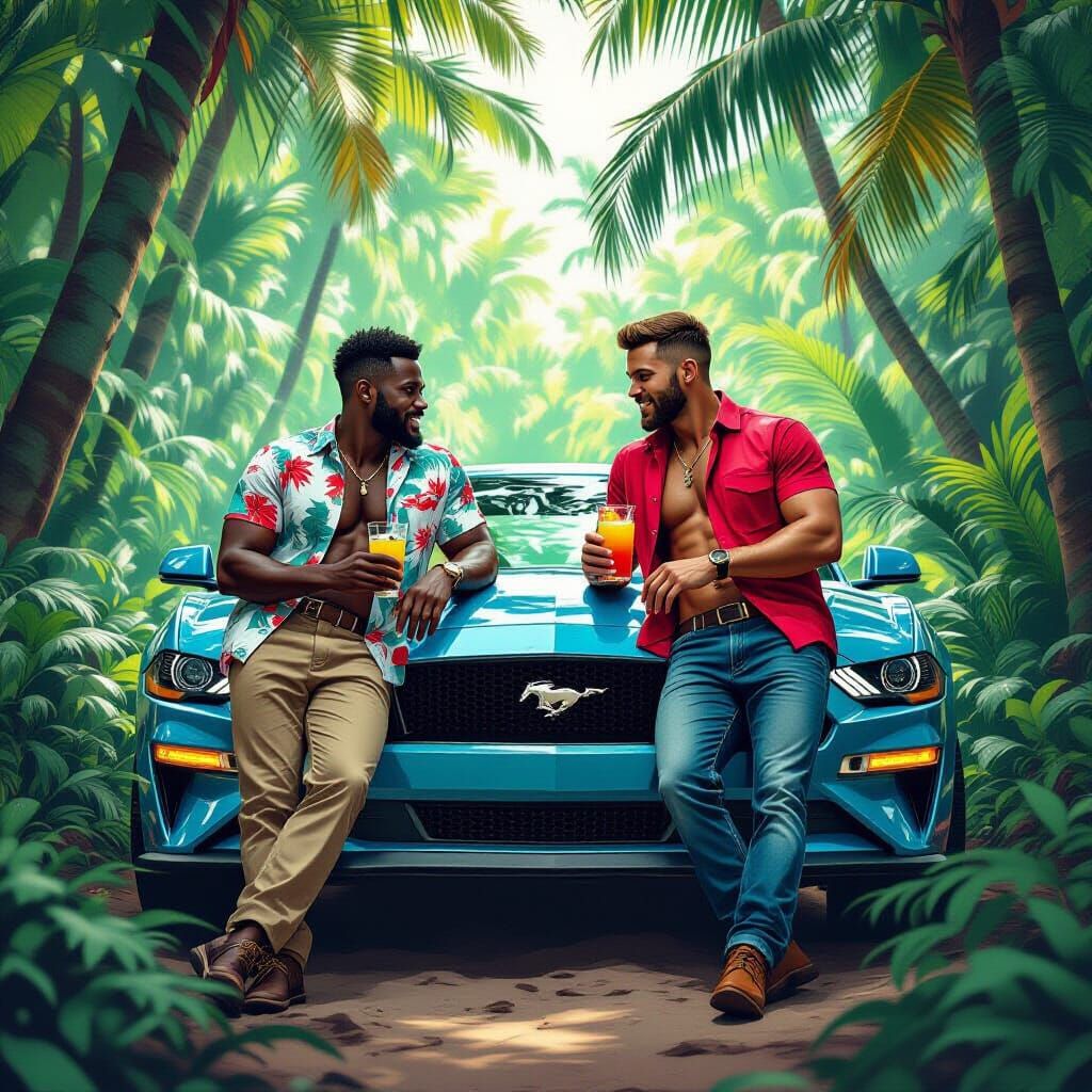 Men With Cocktails Lean on Mustang in Tropical Forest
