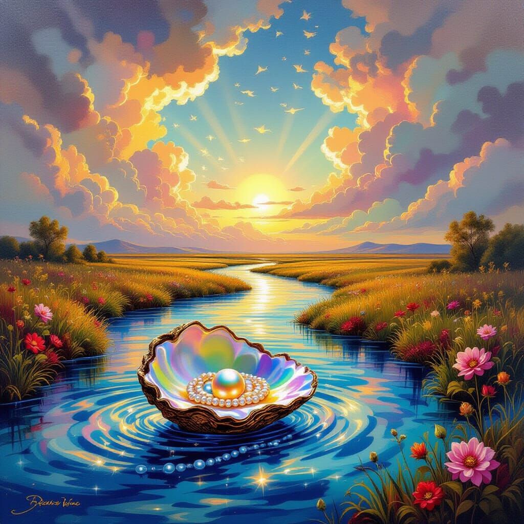 Emotions flowing like a river, pearls of wisdom slowly forming in the oyster of experience. Surreal splash and iridescent rainbow clouds pai...