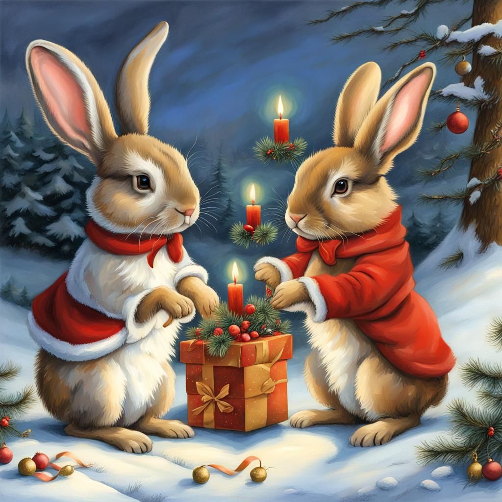 Rabbits with christmas hat exchanging, background: Christmas Feast, A mighty old sprawling christmass ...  by @Adella