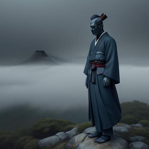 Samurai and Ghost on Misty Pass: Ukiyo-e Style