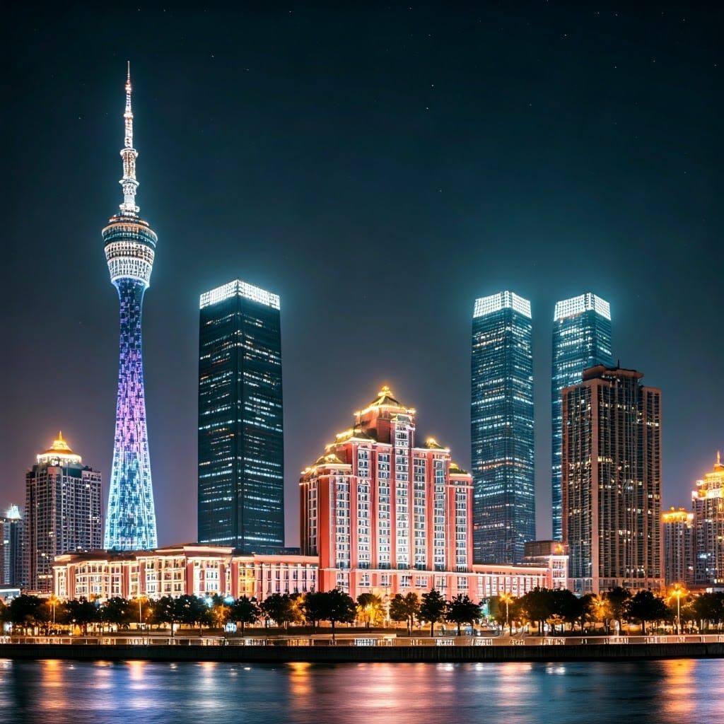 "Create a breathtaking, vibrant nightscape of Tianjin's icon...