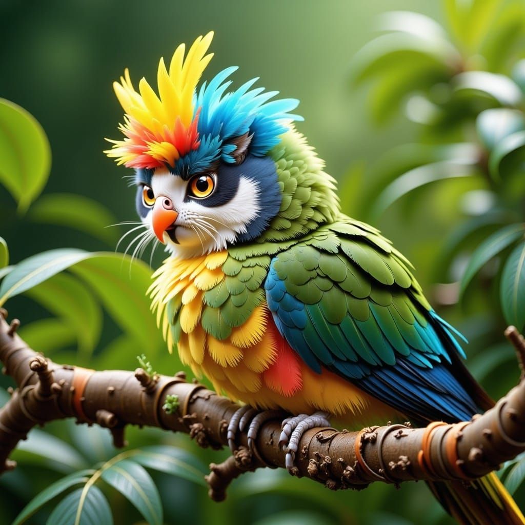 <lora:Flux Cat Parrot:1.0> Cat Parrot hybrid, sitting on a branch