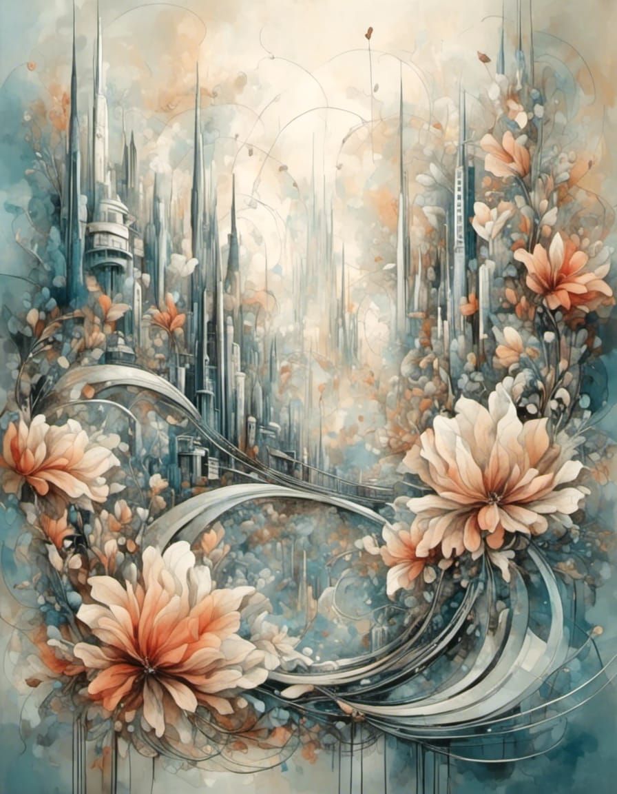 A floral painting superimposed over a futuristic cityscape in the style ...