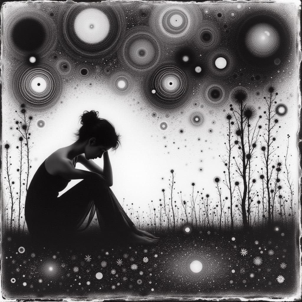 <lora:White And  Shadow:1.0> black and white, mystical and poetic dreamlike Paul Klee, surreal and celestial, etching & delicate aquatint te...