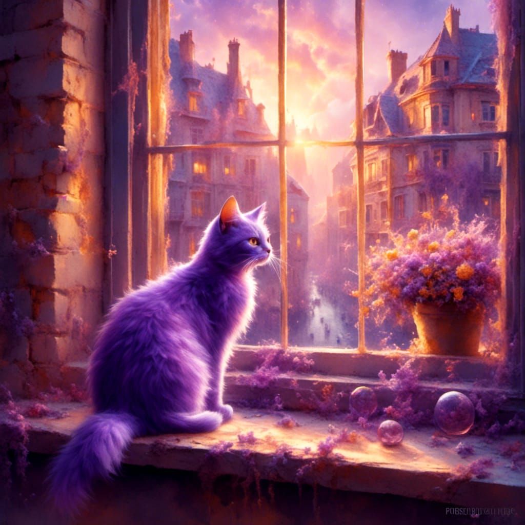 Purple Cat on Windowsill in Watercolor Style