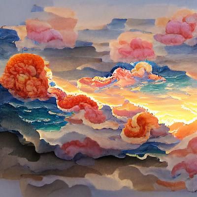 Sunset over the ocean with fluffy clouds