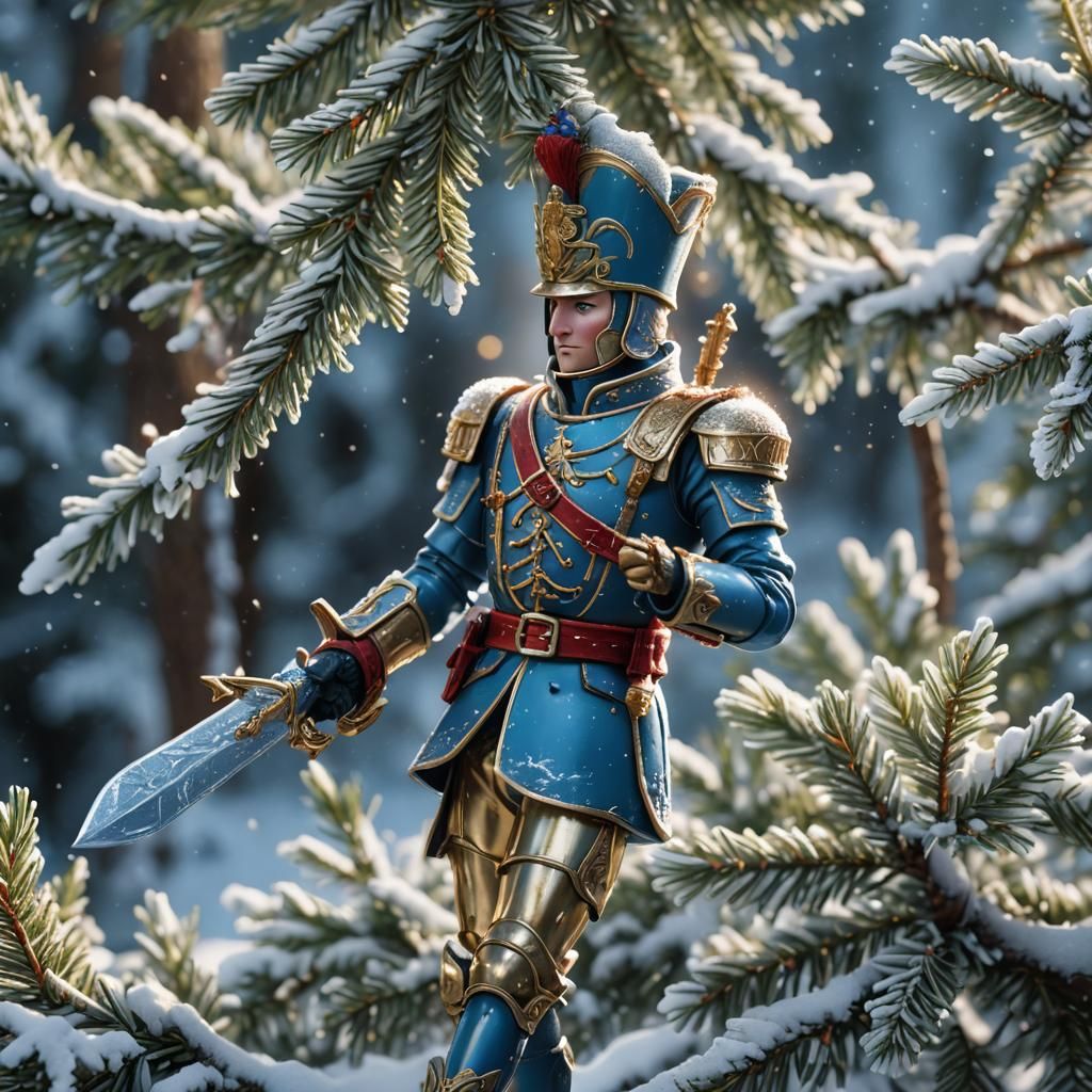 close-up of a tin soldier hanging on a snow covered spruce b...