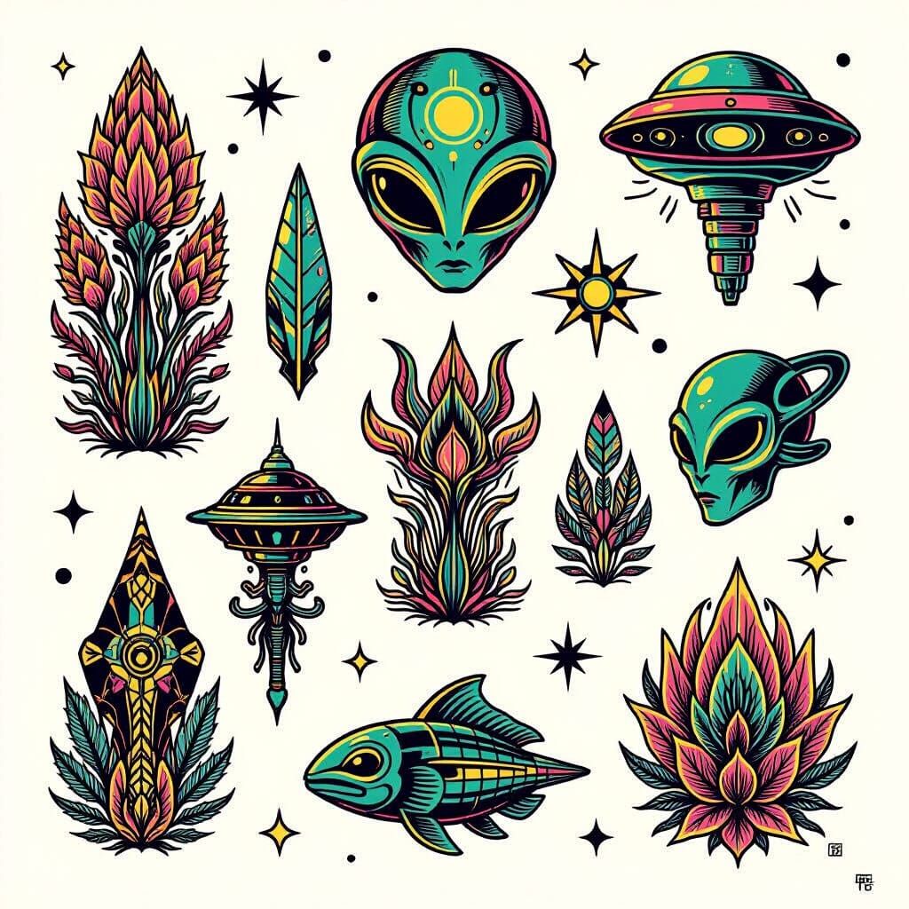 A flash tattoo sheet featuring a series of stylized alien flora and fauna, rendered in bold, black linework ...  by @Macbeth