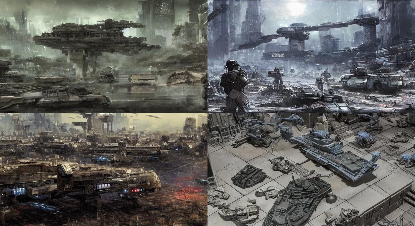 sci-fi battlefield, warzone, troop transport ships overhead, soldiers ...