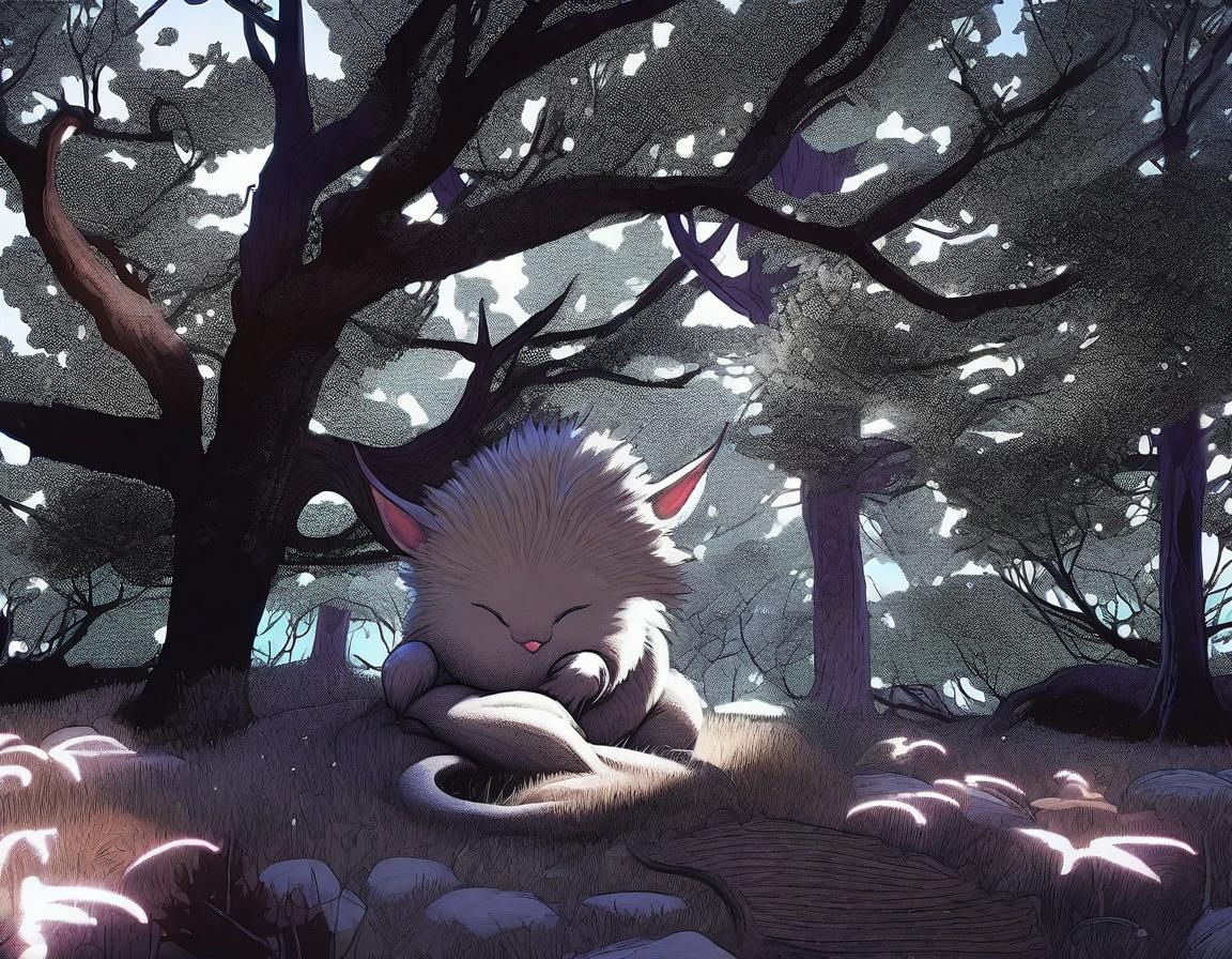 Sleeping Furry Creature in Enchanted Forest: Acrylic Art
