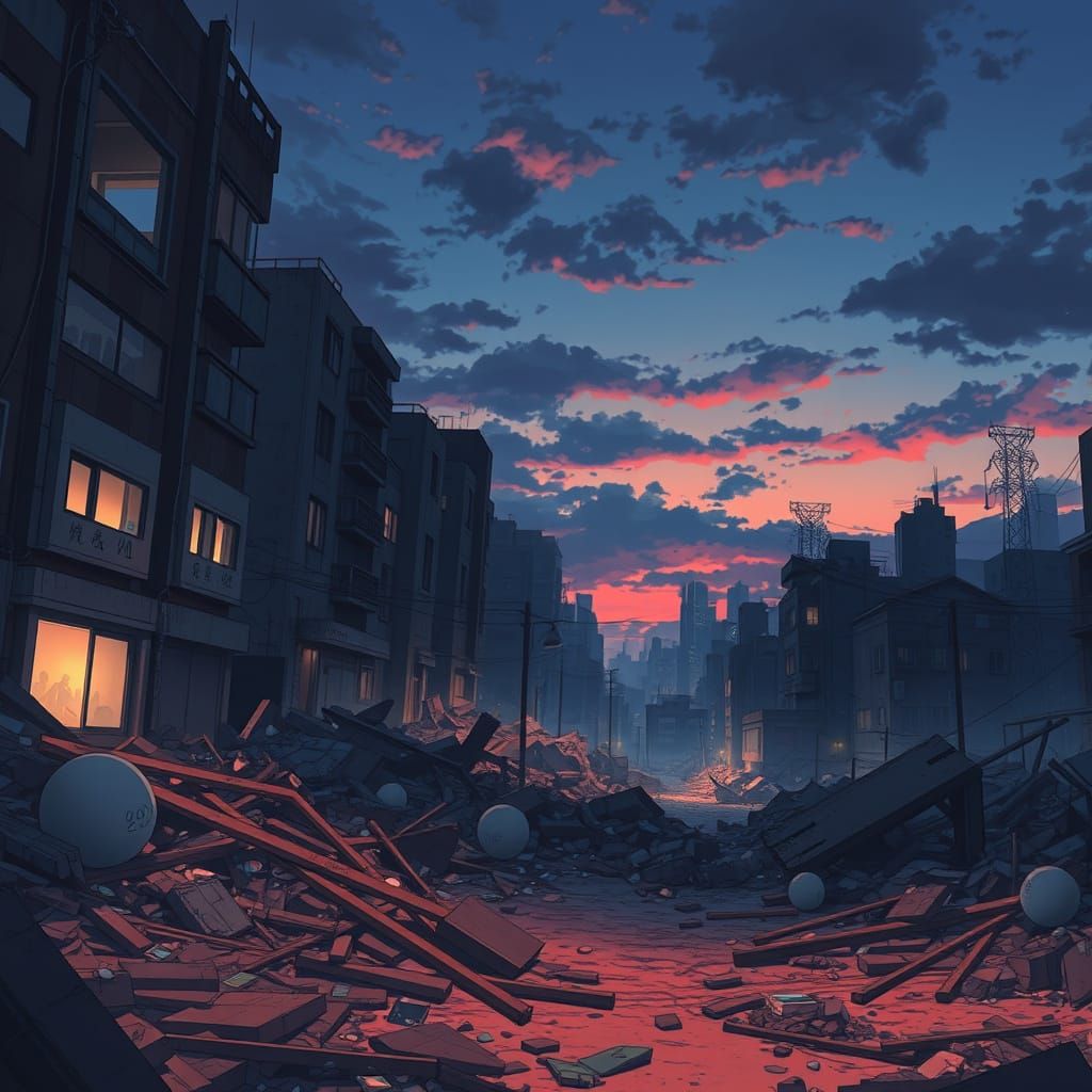 Dystopian Anime Cityscape at Dusk