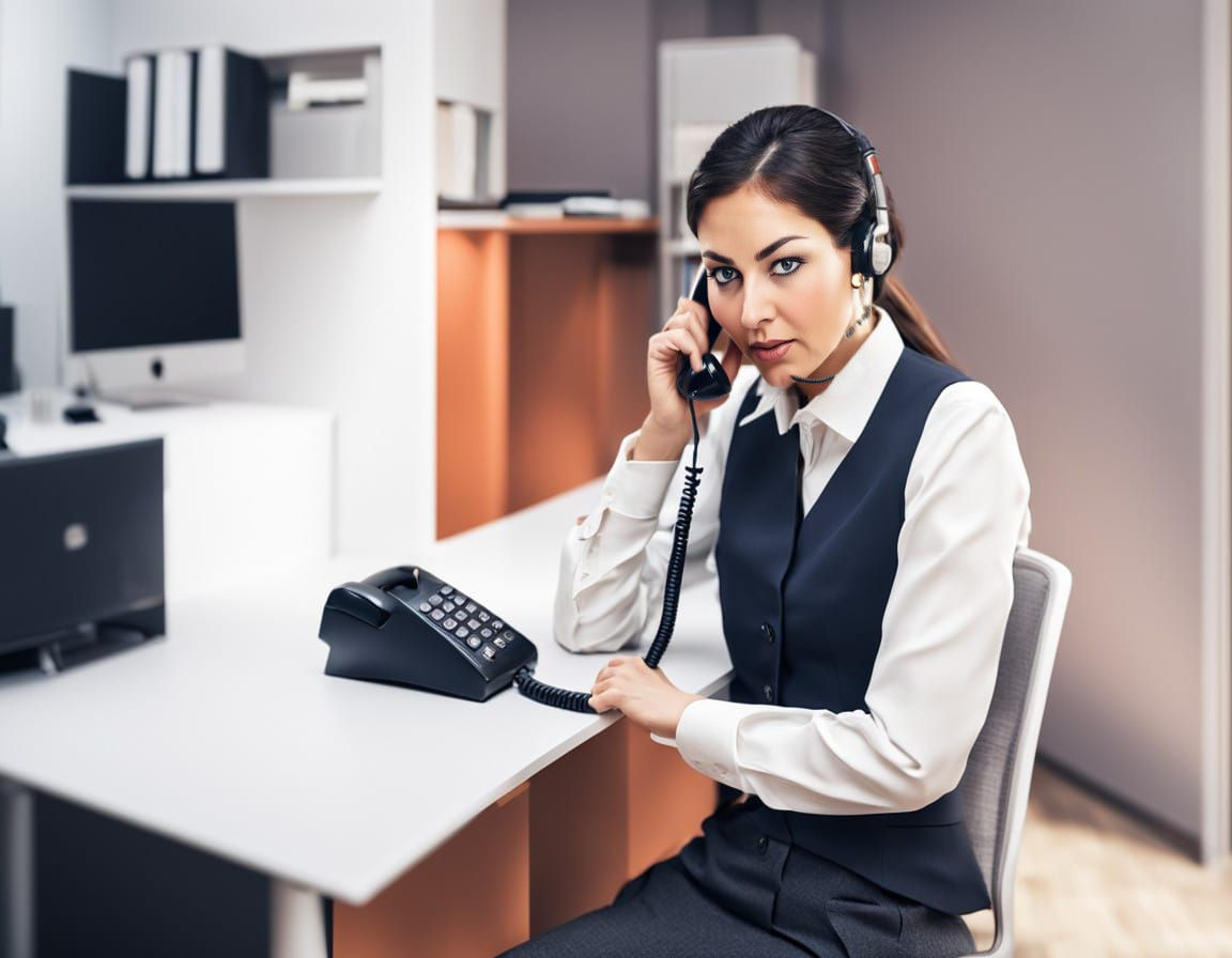 A secretary on a telephone in an office, intricate details, HDR, beautifully shot, hyperrealistic, sharp focus, 64 megapixels, perfect compo...