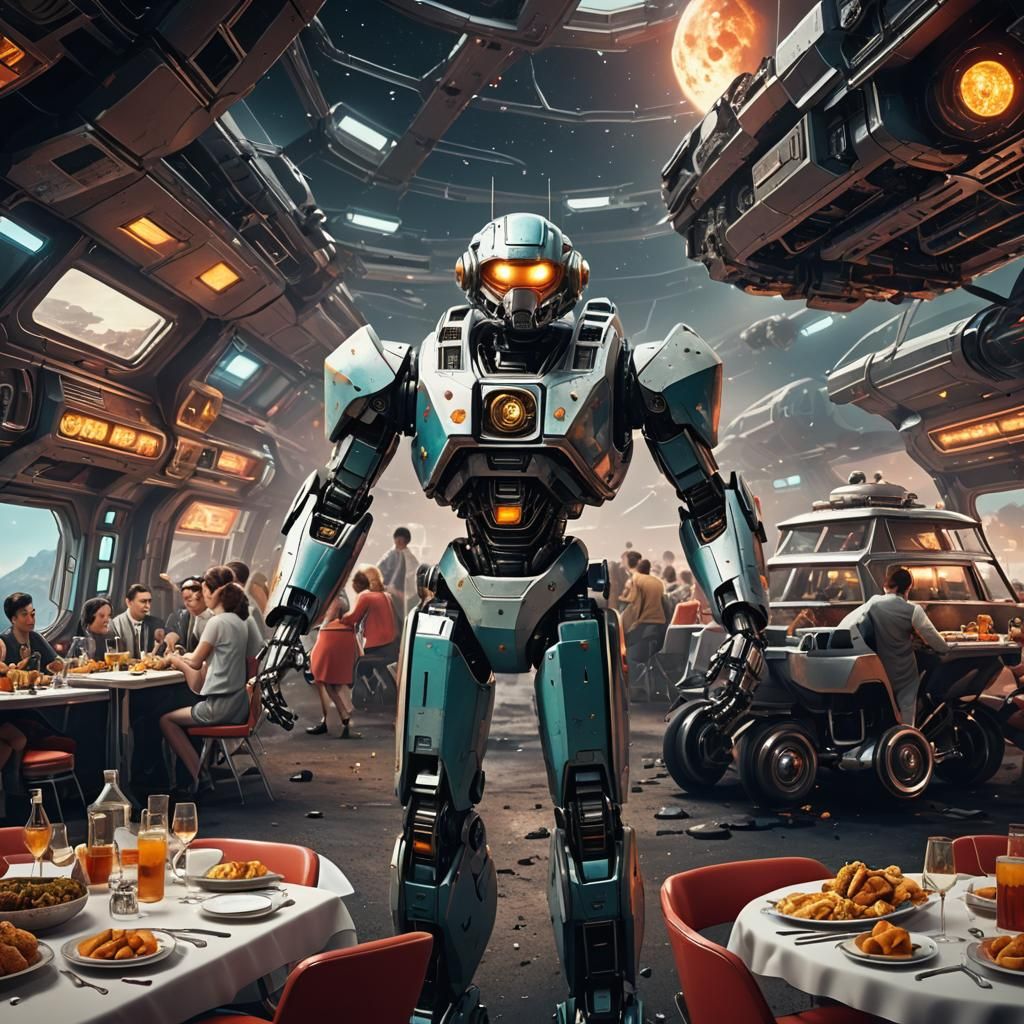 asteroid space 50's style dinner female robot servers space ...