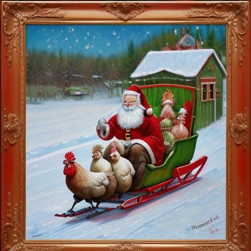 santa in a sled pulled by 8 chickens and a rooster neo-impre...