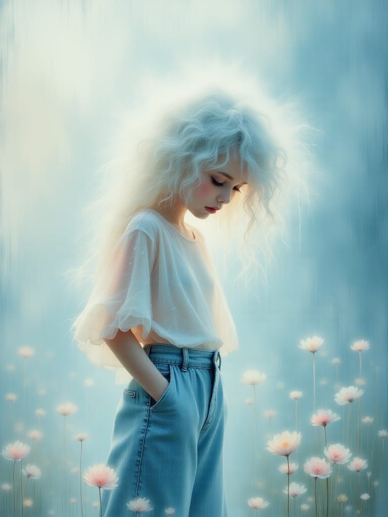 Ethereal Child in Dreamy Blue and Pink Attire