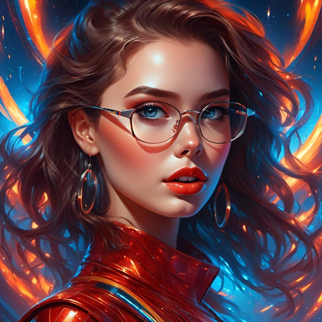 <lora:Rockabillion:1.0>  Close up portrait of a gorgeous woman with glasses that have clear blue lenses, fire background