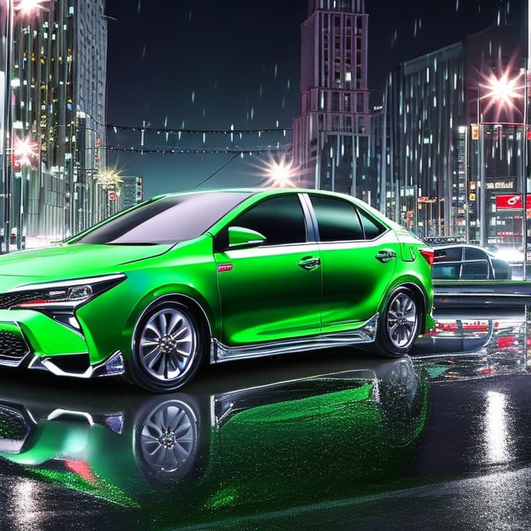 Illustrate a photorealistic image of a green Toyota Corolla E11, parked on a busy city street
