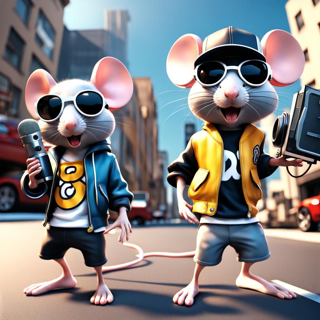 Fisheye lens, cute mice in hiphop gear rapping with a microphone and ...