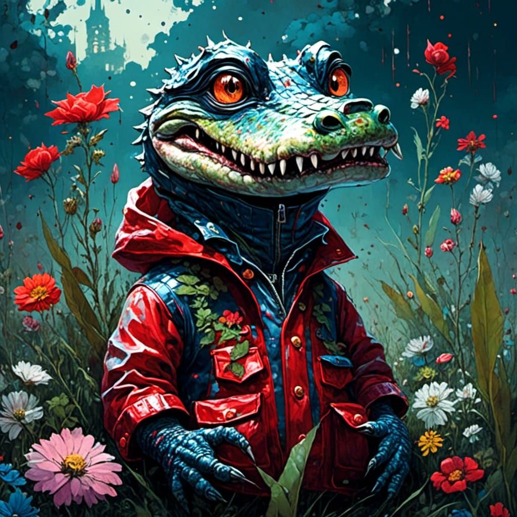 A surreal masterpiece! Cute Chibi alligator in Santa suit in flower meadow! Blue eyes! <lora:Detailed fantasy:1.0> Lovely contrast : HDR : c...