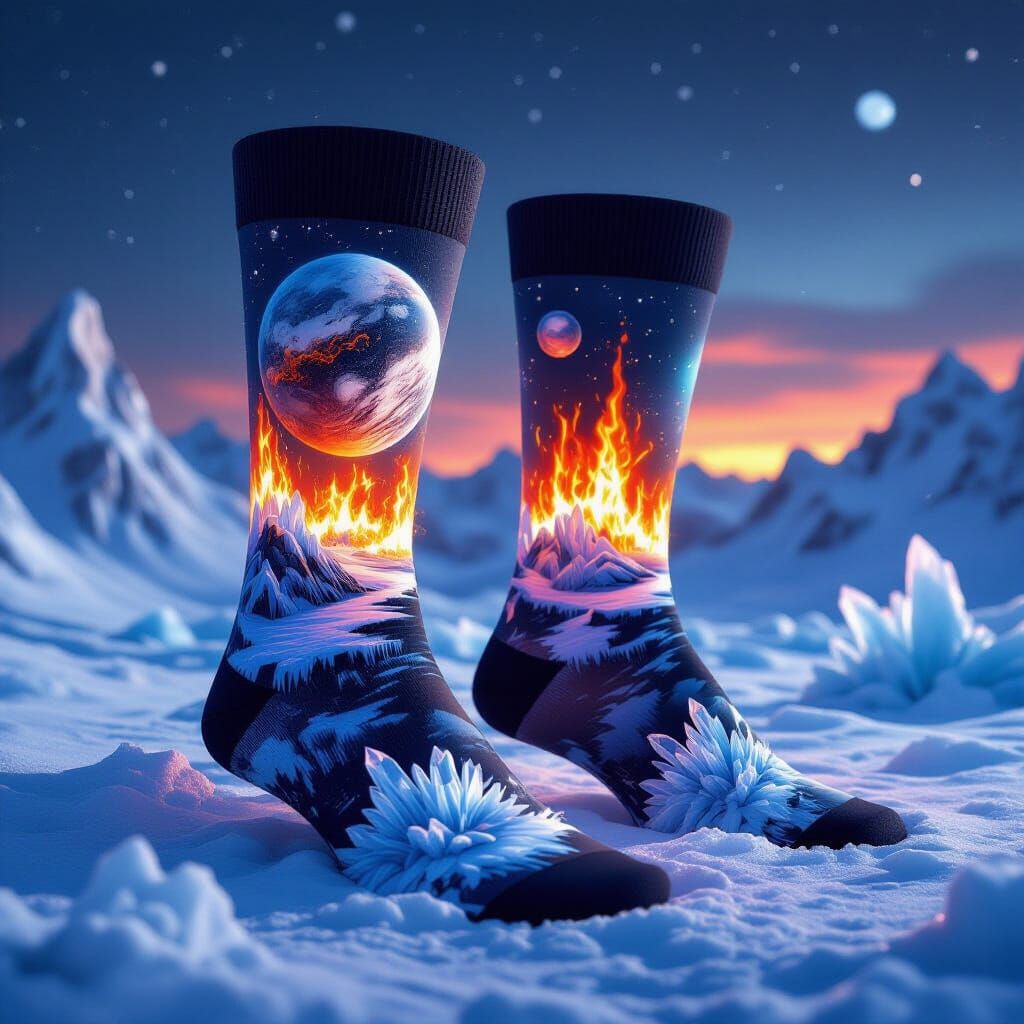 Design a pair of socks featuring a miniature planet, half-frozen and half-burning, with giant crystalline ...  by @Aine Boden