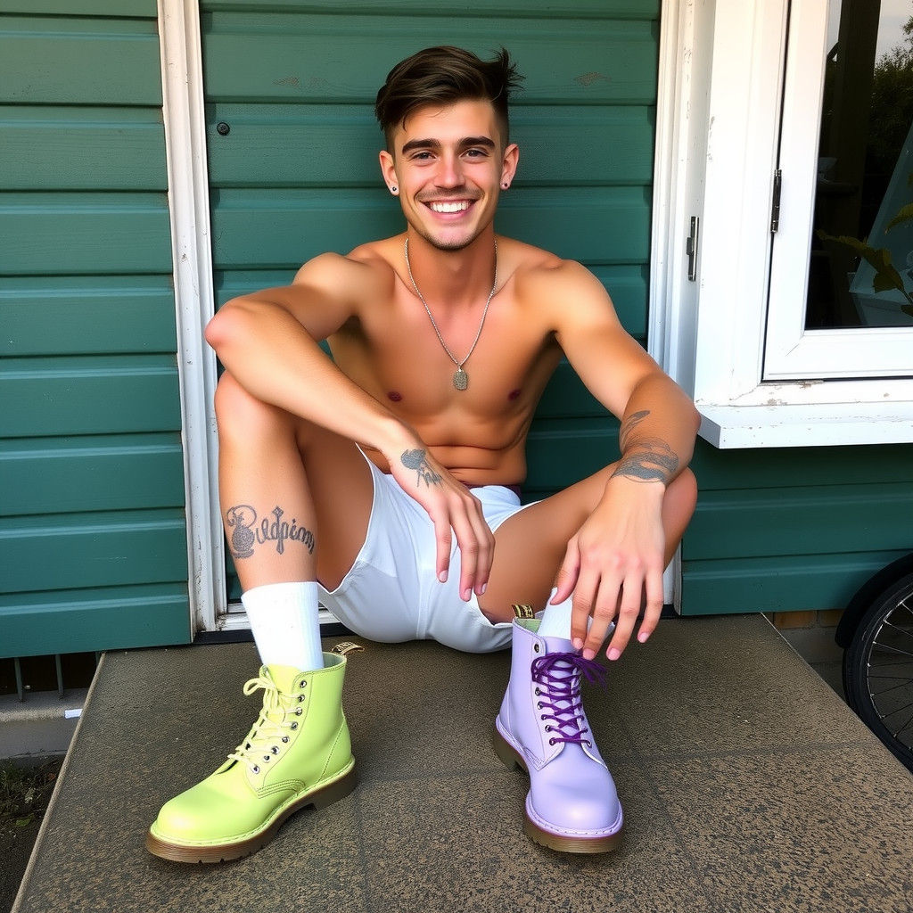 Handsome smiling Scally chav lad wears white shorts and white socks with one lime green doc marten boot and one lilac doc marten boot 