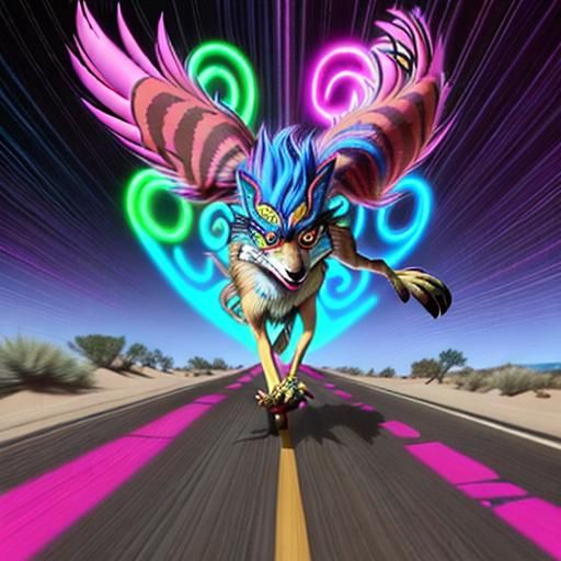 Tangled Trail: Wile E., sporting psychedelic goggles and a swirling fur coat, chases the Roadrunner's trail, leaving behind a dizzying blur...