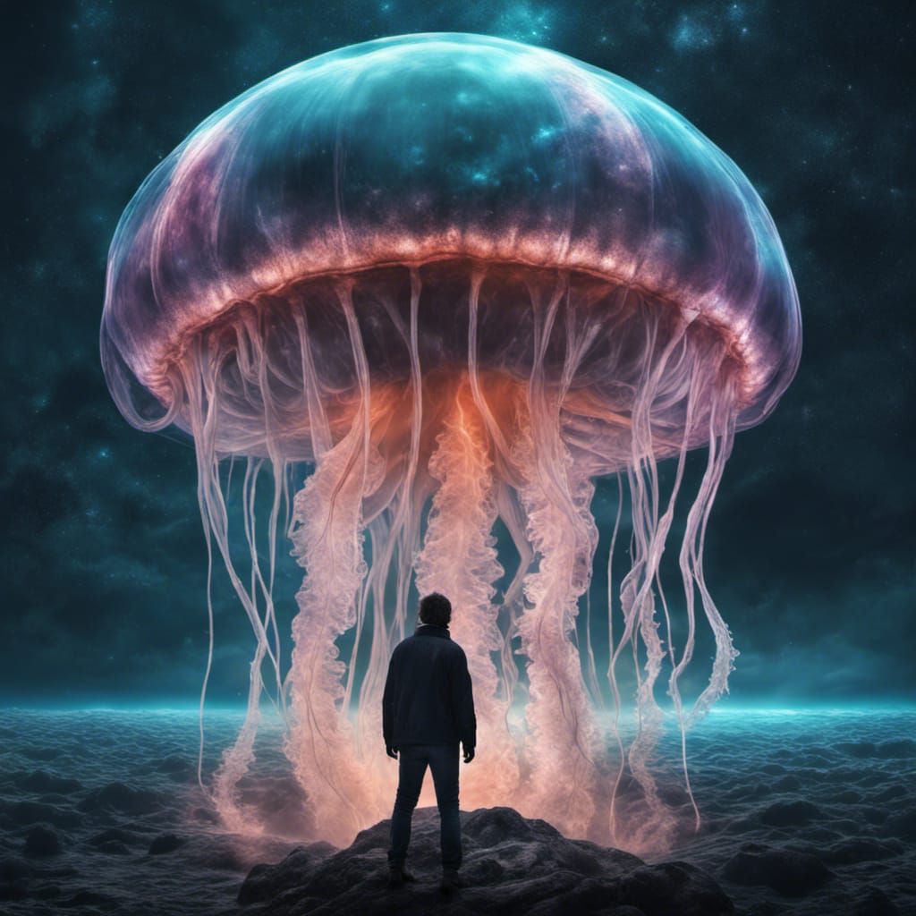 A man starring ar a giant space jelly fish in a cosmic horro...