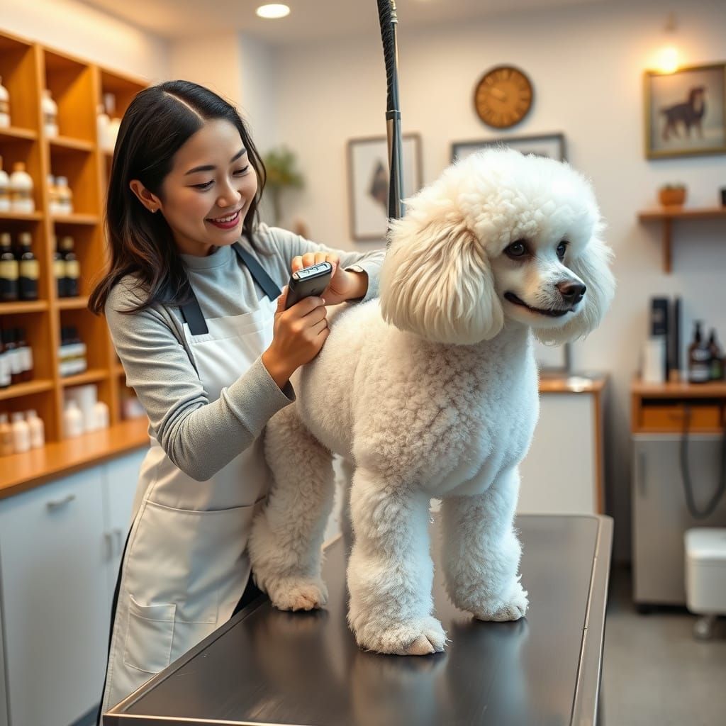 Asian Pet Groomer Tends to Majestic Poodle