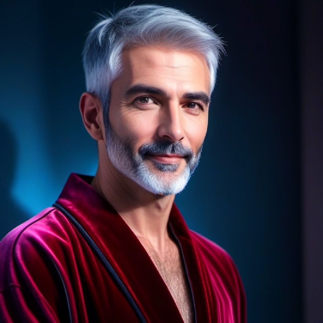 A handsome man with   silver-grey hair and beard wearing a  ...