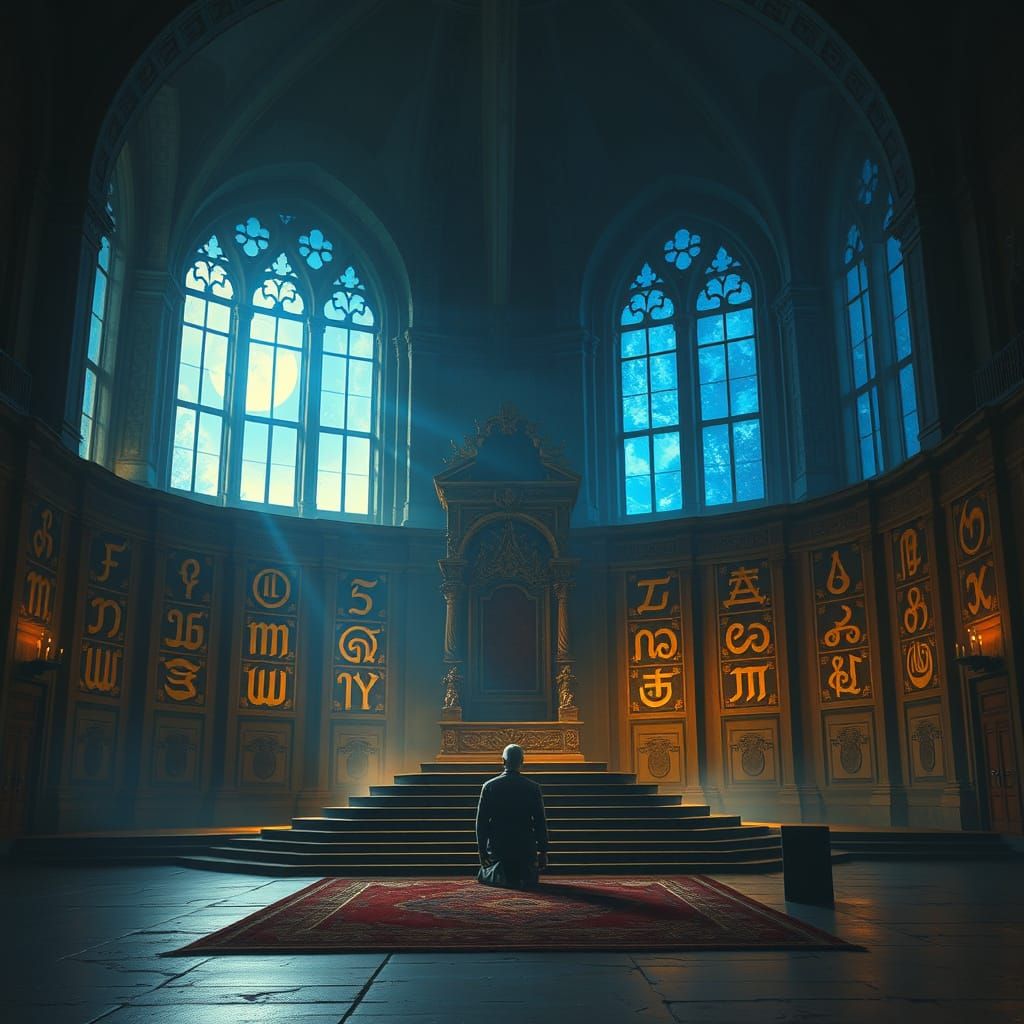 Solemn Figure Kneels Before Ornate Throne in Baroque Hall