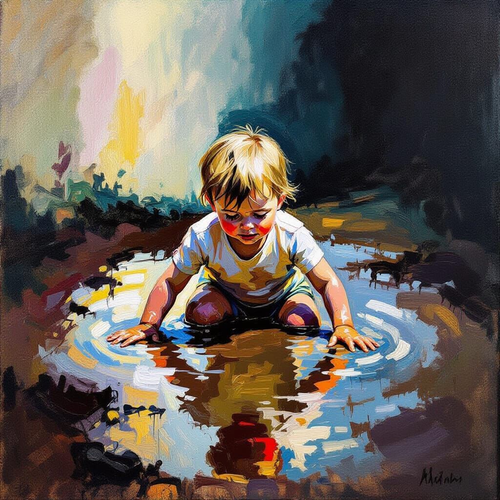 Child Falls Into Muddy Puddle, Expressionist Style