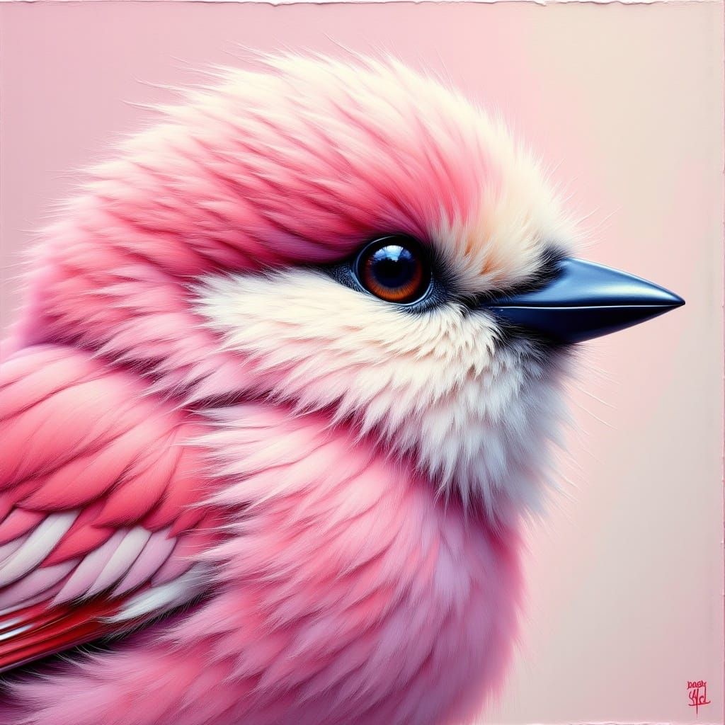 <lora:Oil and Glory Flux:1.0>  Thick textured Impasto. Portrait beautiful songbird. Textured glossy impasto feathers, bright eyes. Pastel pi...
