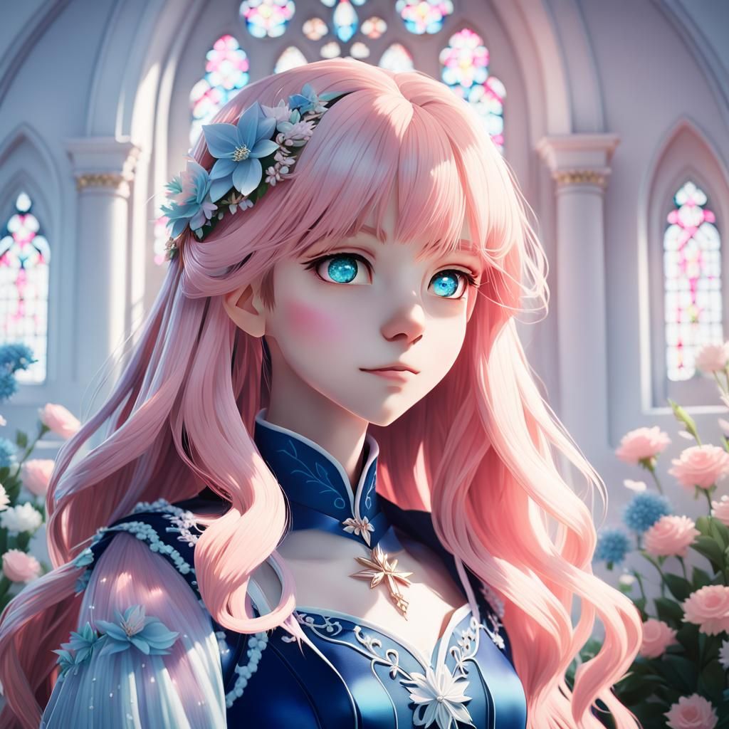 Anime Portrait of Woman in Church with Pastel Hair