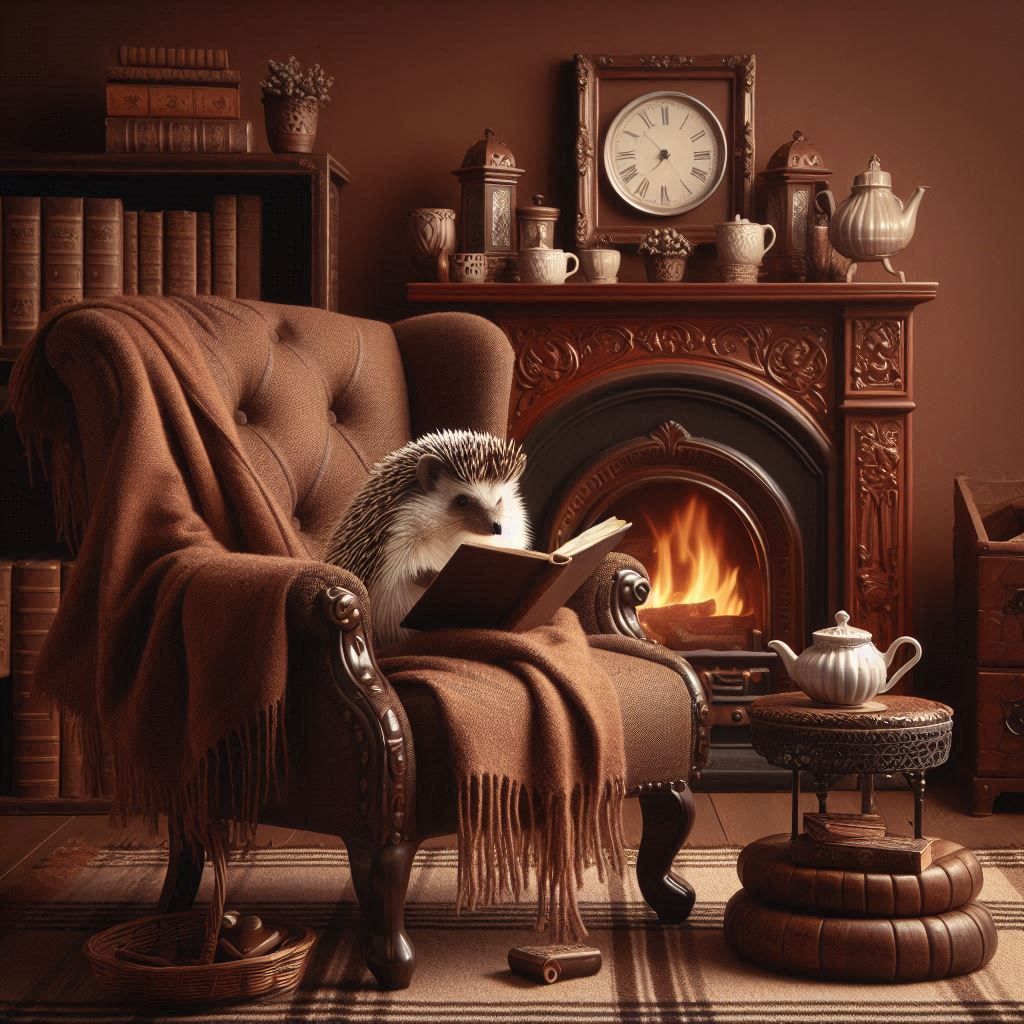 Thistle loves reading by the fire