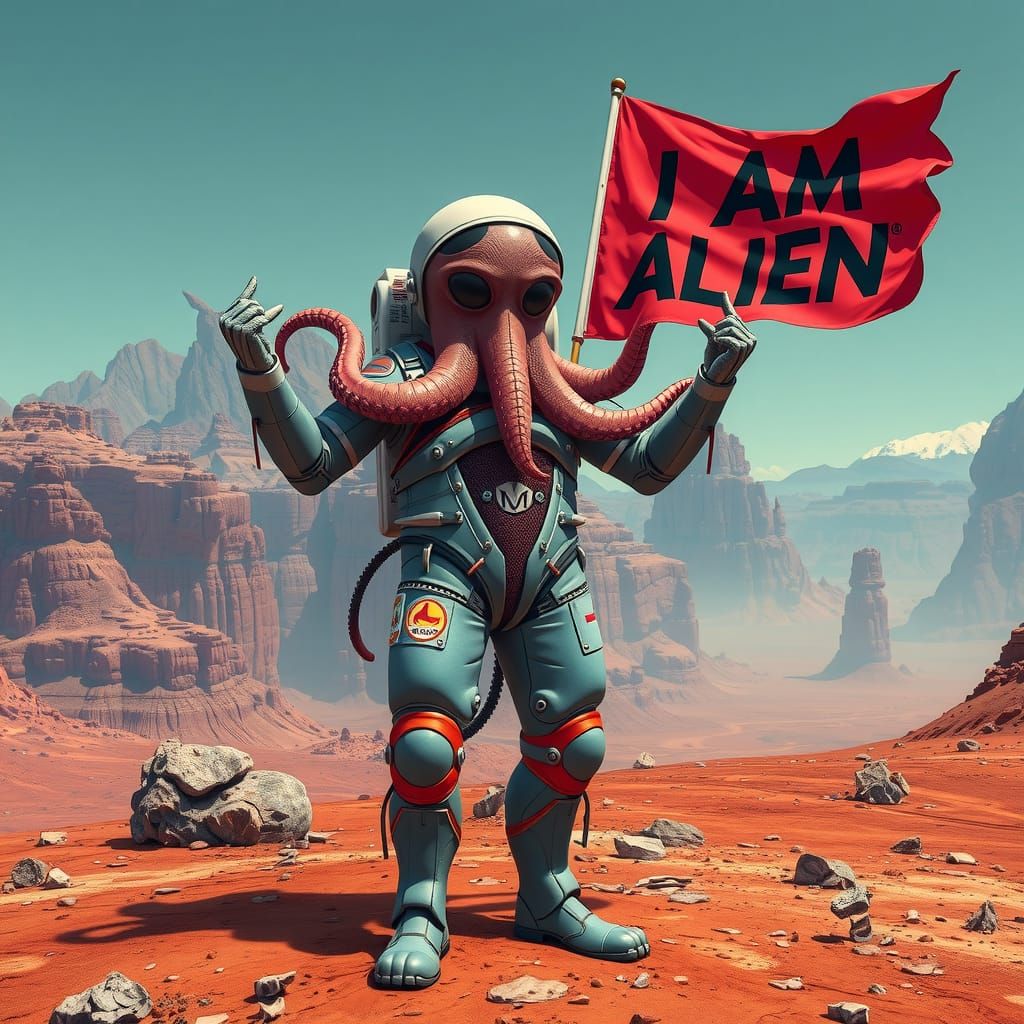 A octopus astronaut in a spacesuit on mars, with a flag that...