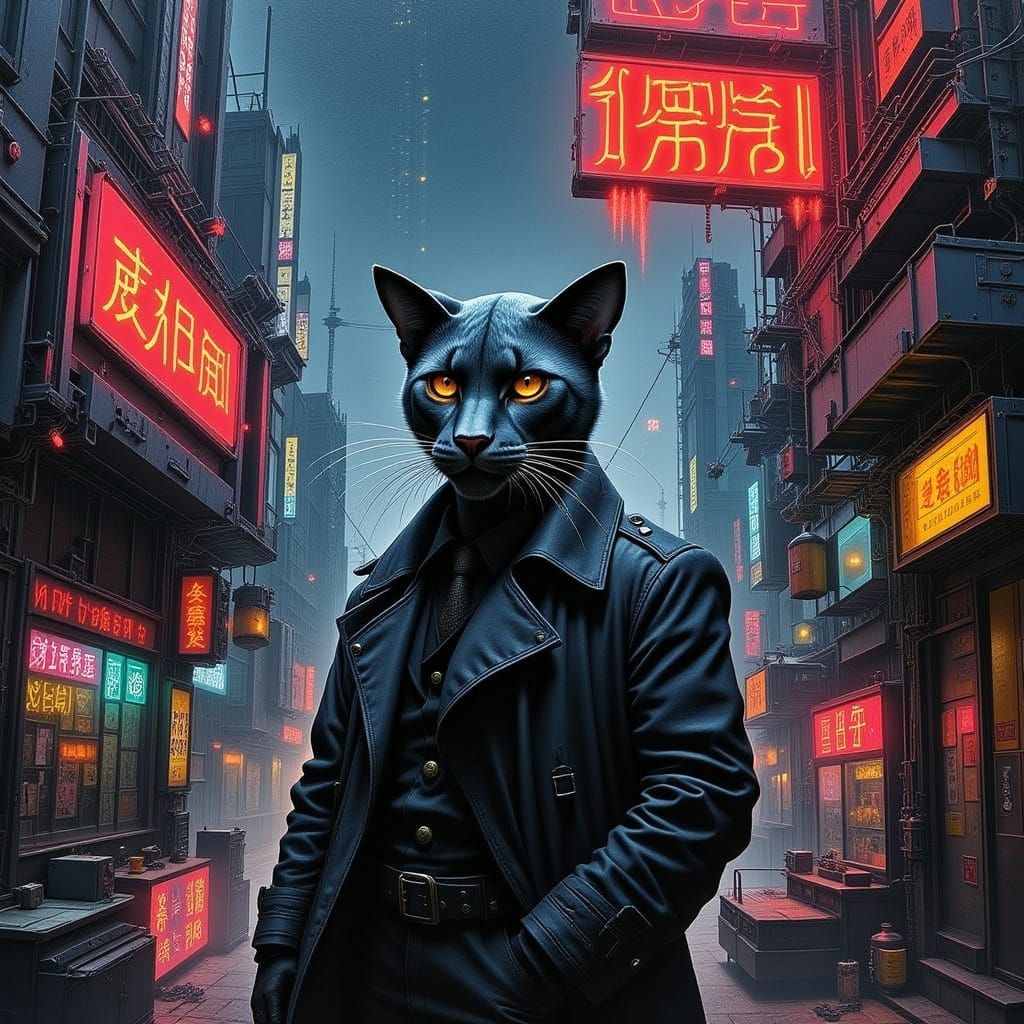 “This Better Be Good… “  
<lora:AnthroCat:1.0> An anthropomorphic panther, clad in a trench coat and fedora, stands under a flickering neon sign in a bustling, futuri...