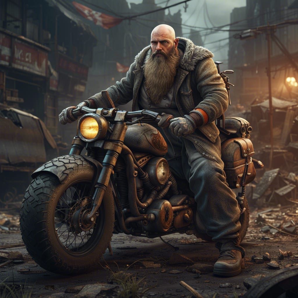 Bald fat man, post apocalyptic survival, motocycle, long bea...