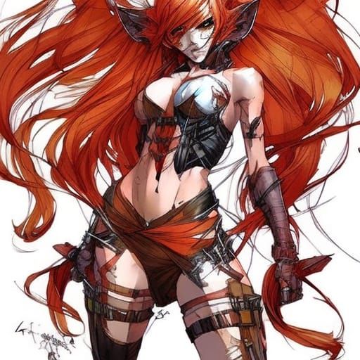 A cute cat girl; red hair, cat ears ;full body portrait by C...