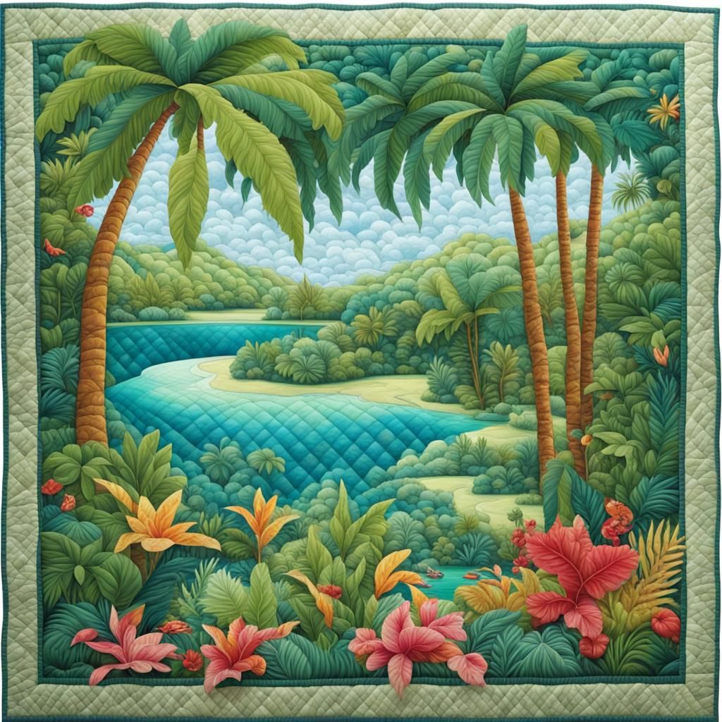 A QUILTED SCENE OF A BEAUTIFUL LAGOON WITH LUSHNESS IN TROPI...