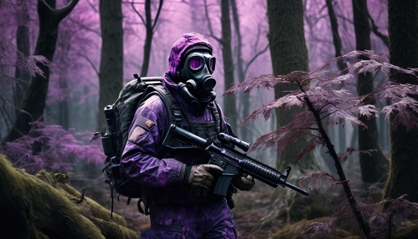 Photorealistic. Realism. A  survivalists, wearing a mix a mi...