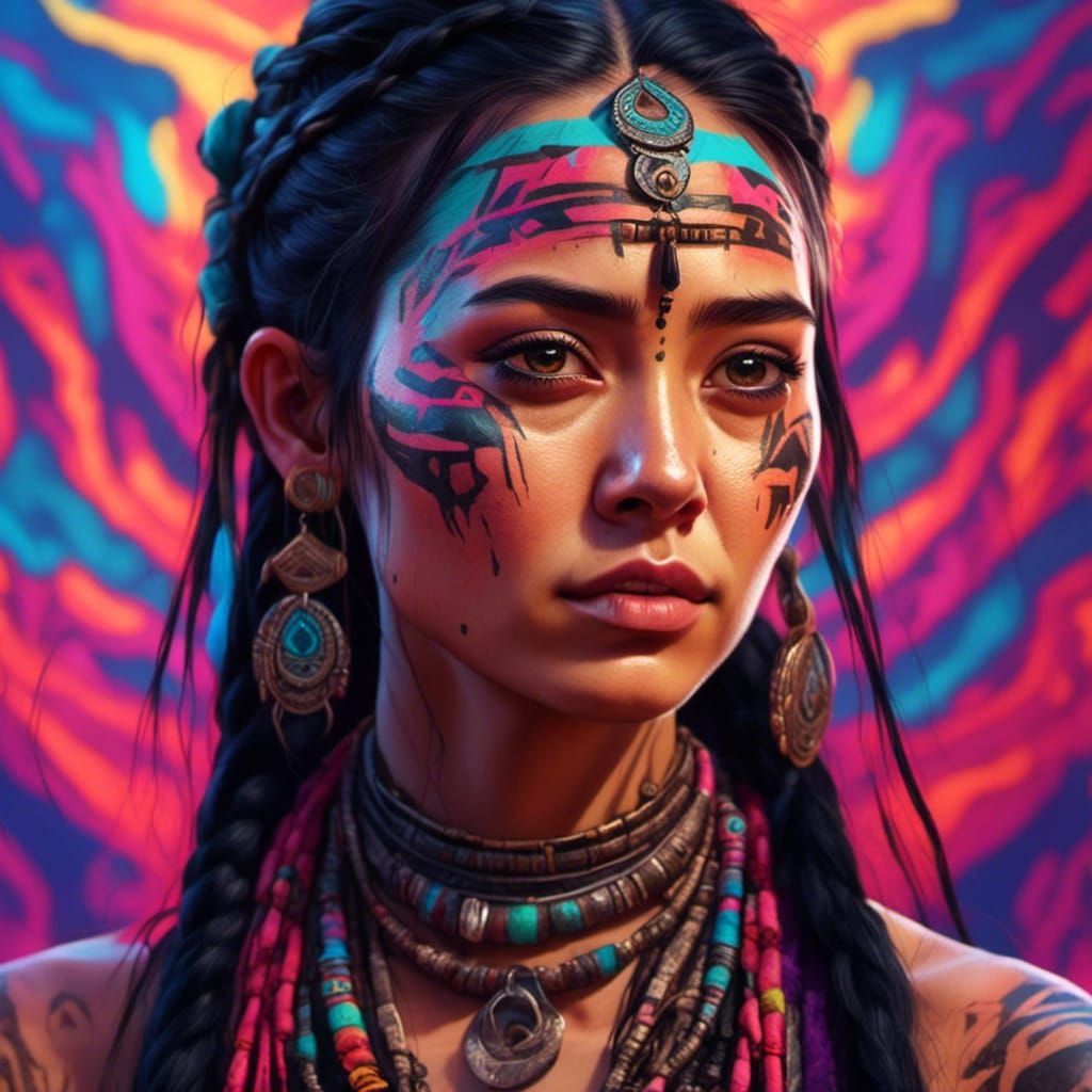 Hyperrealistic beautiful tribal 20 year old woman long black hair <lora:Neon Tattoo:1.0> 