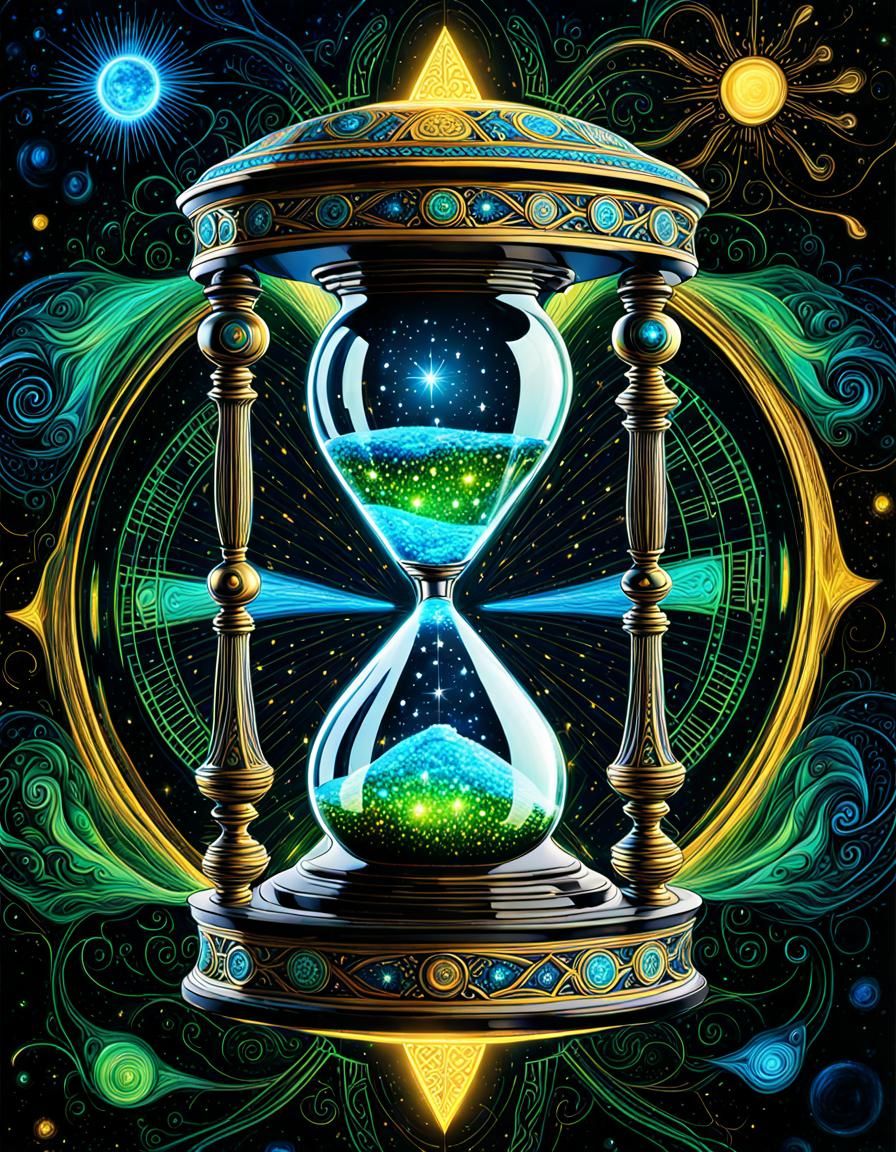Time is an illusion lunchtime doubly so :: epic, masterpiece, 8K, black theme, blue, yellow, green, cosmic hourglass, hyperdetailed, intrica...