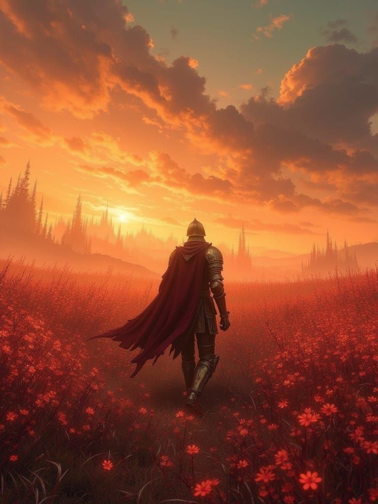 A solitary knight in weathered golden armor walks through a vast field of ember-tipped grass as the sky burns with fading grace. His tattere...