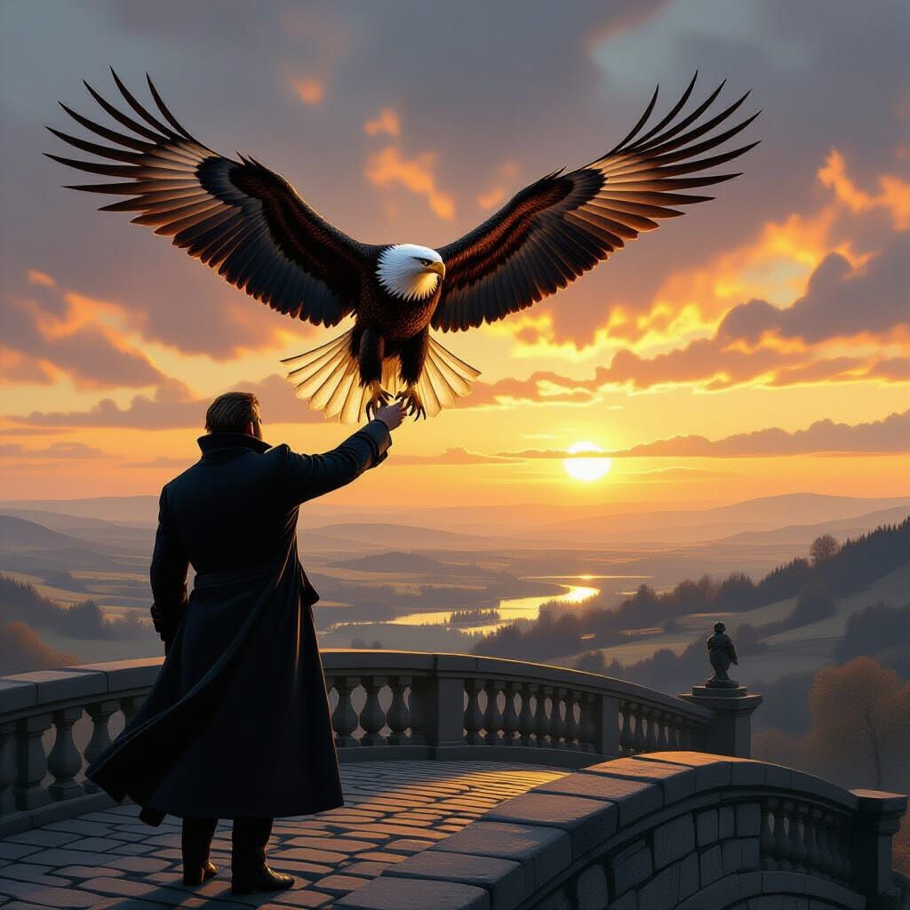 Man with Eagle on Bridge in Golden Hour Light
